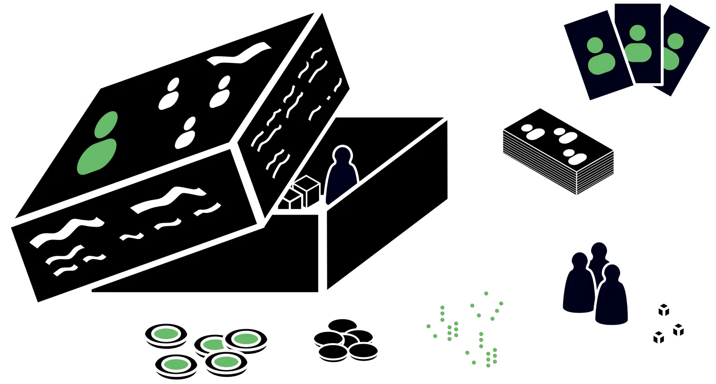 An open board game box with cards, dice, tokens and playing pieces