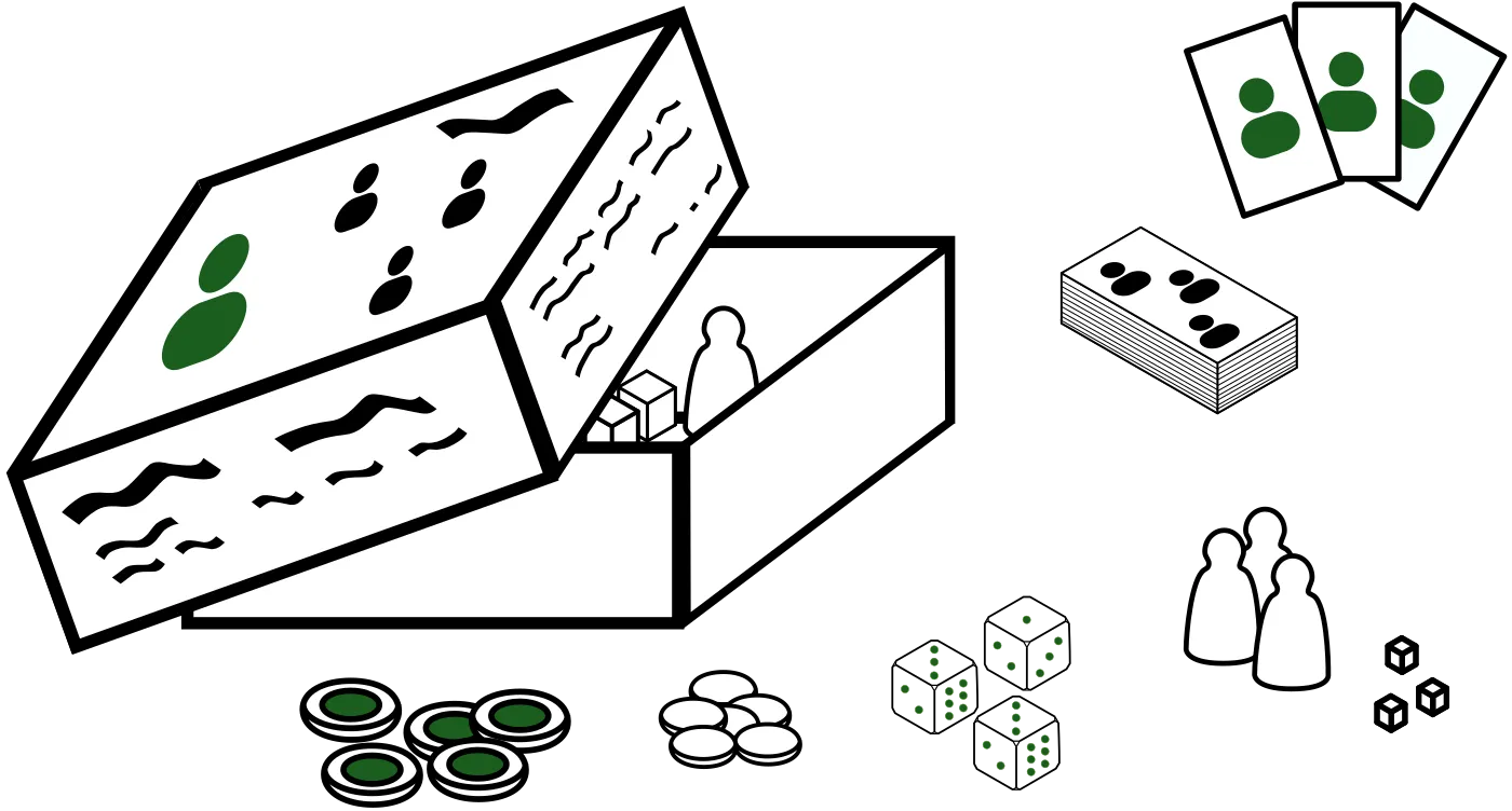 An open board game box with cards, dice, tokens and playing pieces