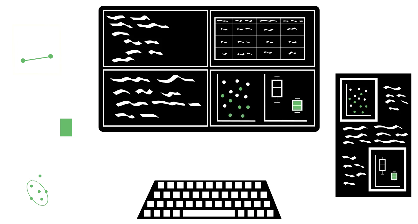 A computer showing code, tables and plots, surrounded by more plots