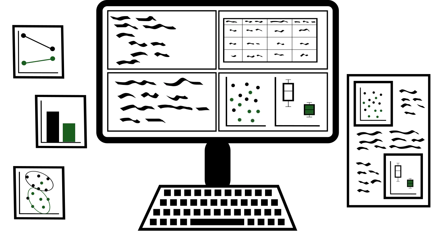 A computer showing code, tables and plots, surrounded by more plots