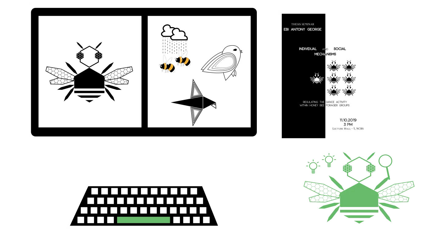 A screen showing illustrations of bees and birds, next to a seminar poster and a stylised honey bee
