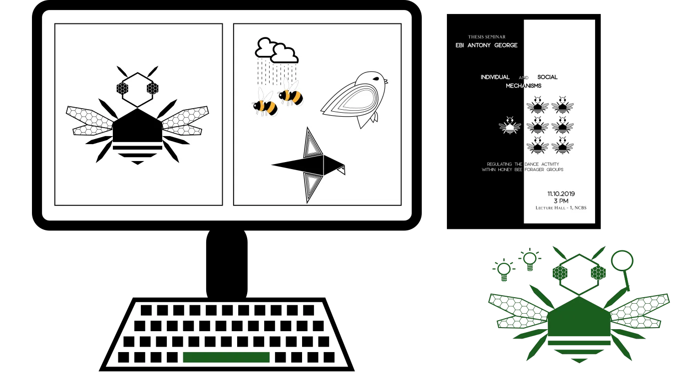A screen showing illustrations of bees and birds, next to a seminar poster and a stylised honey bee