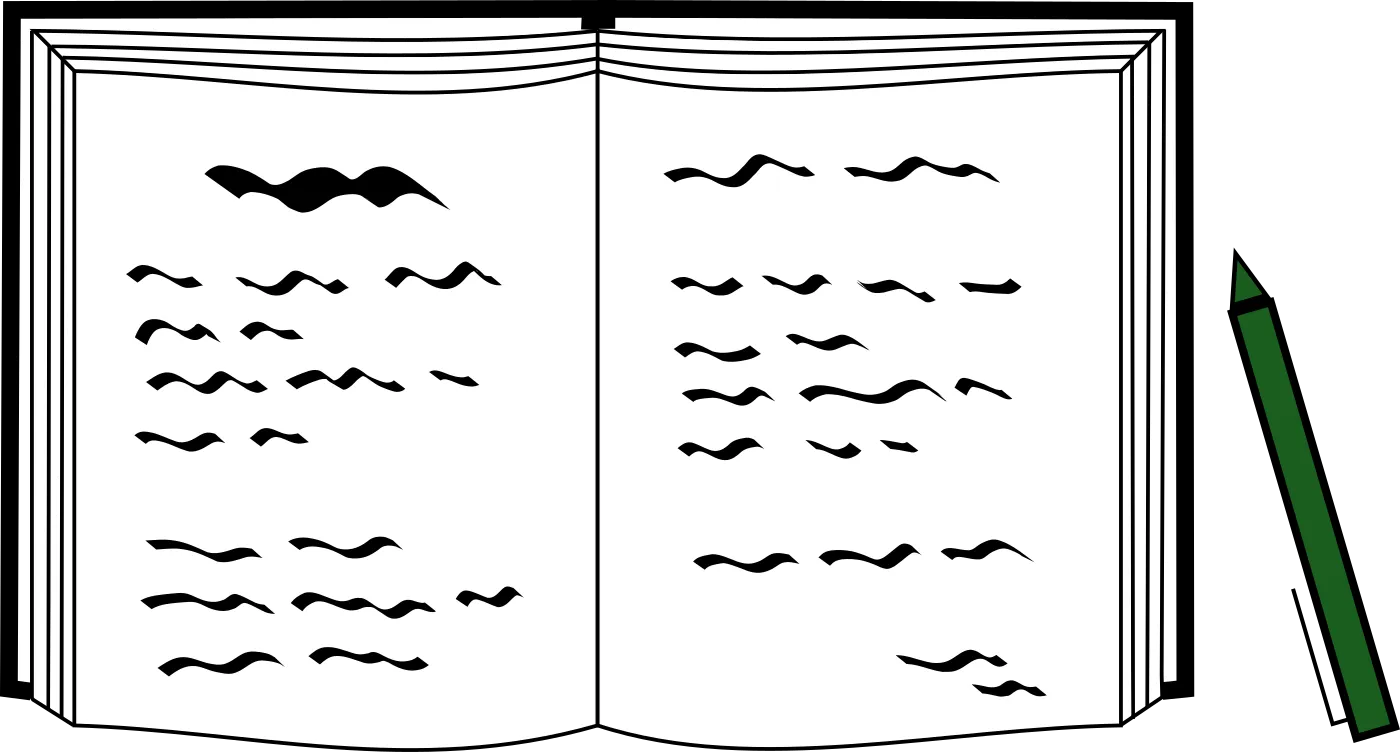 An open notebook filled with handwriting, next to a pen