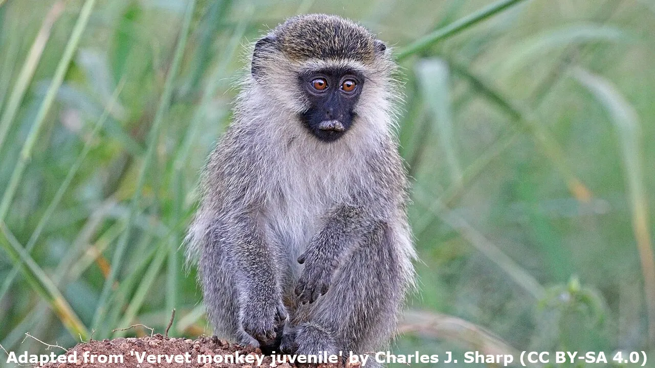 A juvenile vervet monkey sitting on a termite mound